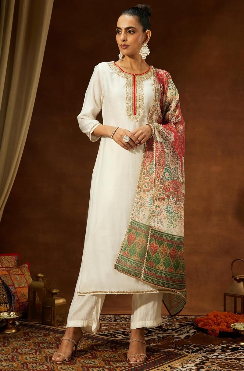 Janasya Women's Off White Silk Blend Embellished Straight Kurta Set - Image 3